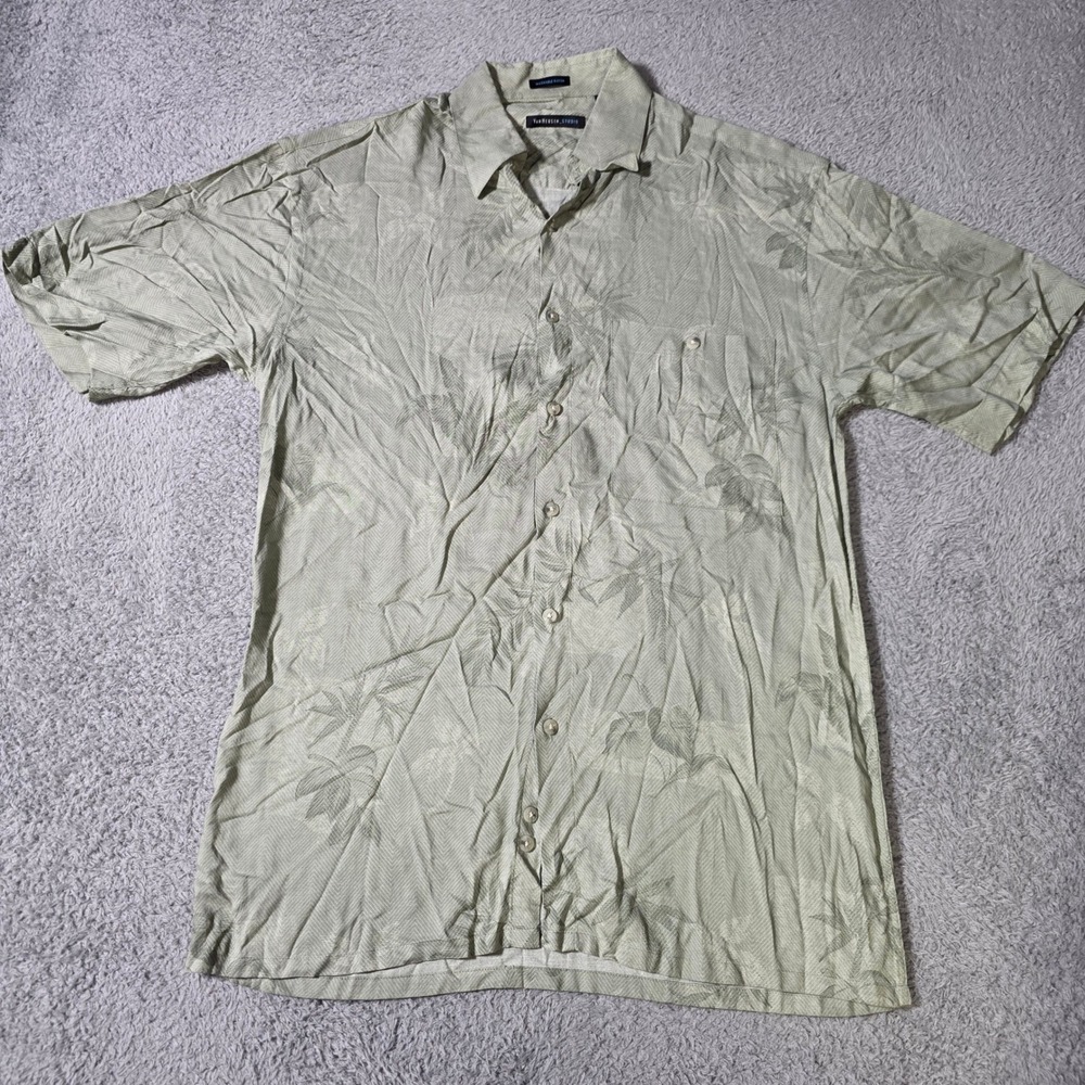 Van Heusen Studio Mens S Button Down Shirt Green Tropical Rayon Short Sleeve